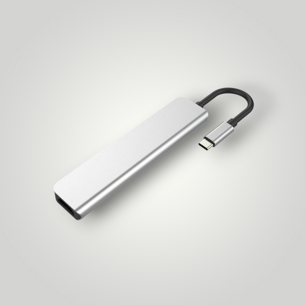 Hub USB tipo C 7 en 1 de Mi tienda en aluminio plateado con puertos HDMI, USB, SD, TF y carga PD