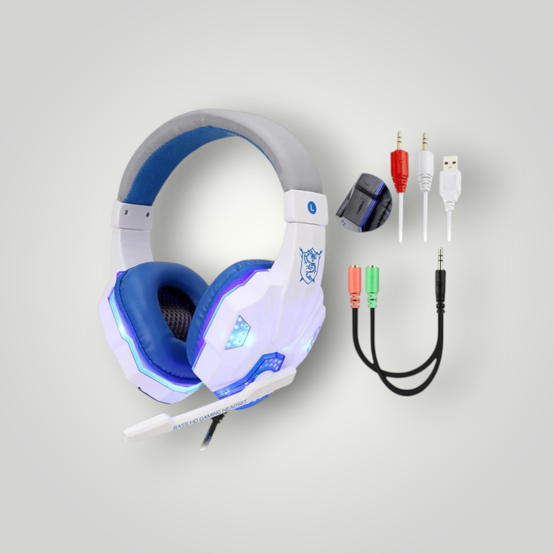 Auriculares gamer Mi tienda con luces LED, diseño ergonómico en blanco y azul, micrófono y adaptador de 3.5mm
