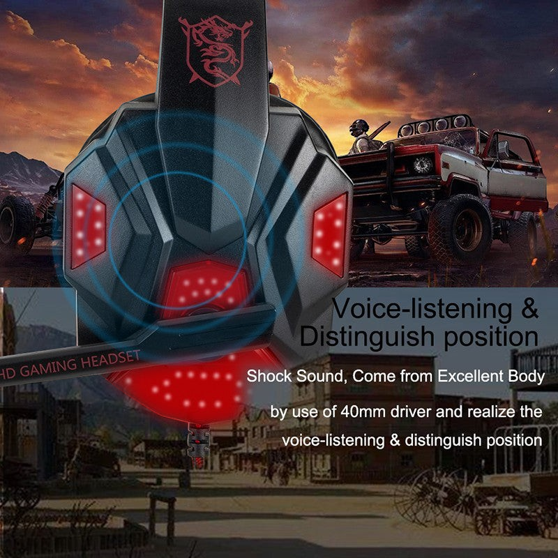 Auriculares gamer Mi tienda con luces LED rojas, diseño ergonómico y micrófono integrado para PC y consolas