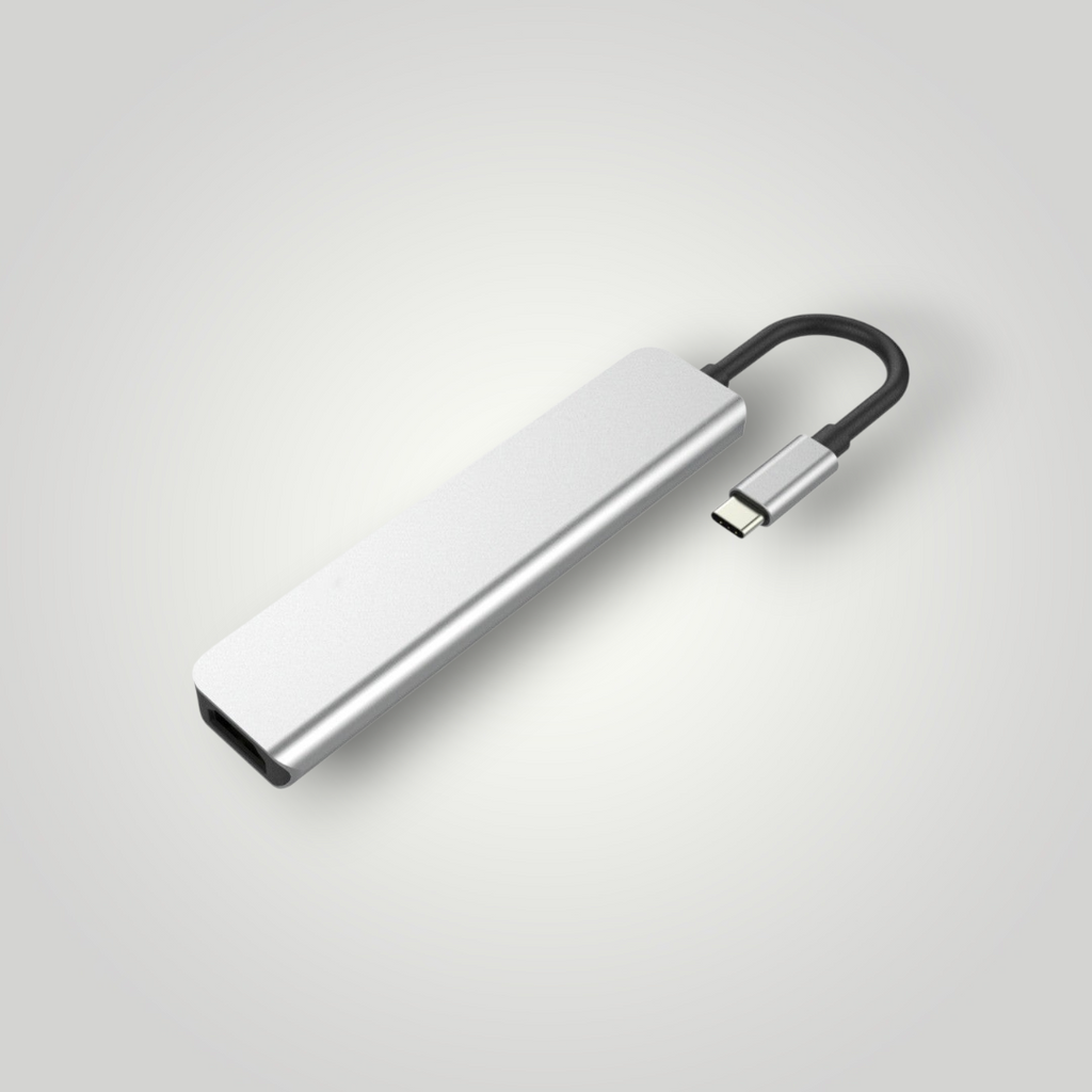 Hub USB tipo C de Mi tienda con carcasa de aluminio plateado y cable integrado para portátiles