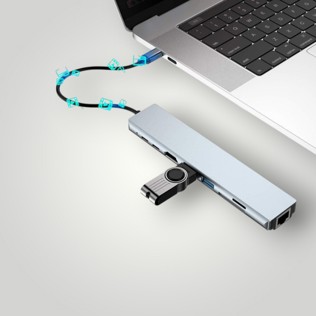 Hub USB tipo C Mi tienda de aluminio con 8 puertos, incluyendo HDMI 4K, RJ45 y lectores de tarjetas SD/TF para laptop.