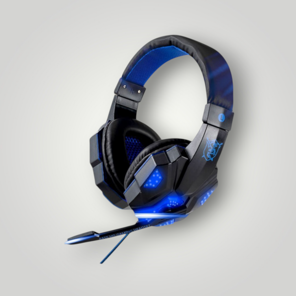 Auriculares gaming Mi tienda con luces LED azules, micrófono flexible, sonido envolvente y almohadillas de cuero.