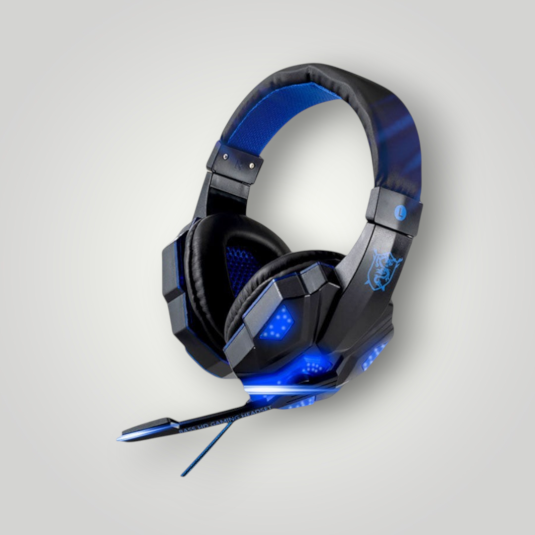 Auriculares gaming Mi tienda con luces LED azules, micrófono flexible, sonido envolvente y almohadillas de cuero.