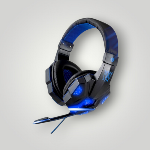 Auriculares gaming Mi tienda con luces LED azules, micrófono flexible, sonido envolvente y almohadillas de cuero.