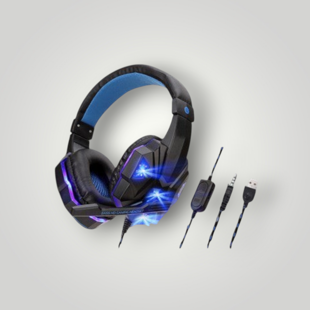 Auriculares gaming Mi tienda con luces LED, diseño ergonómico en negro y azul, micrófono y cable de 3.5mm