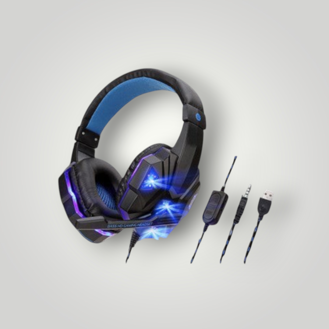Auriculares gaming Mi tienda con luces LED, diseño ergonómico en negro y azul, micrófono y cable de 3.5mm