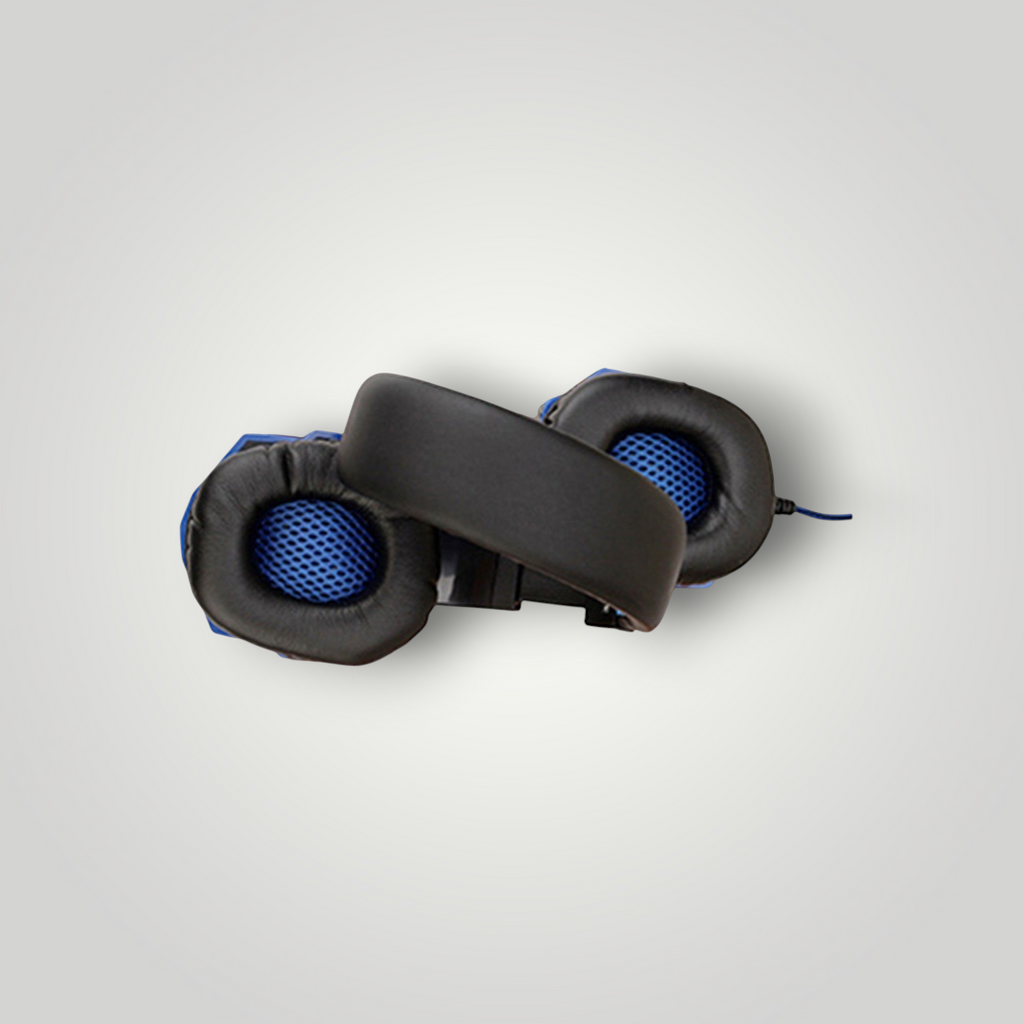 Auriculares gamer Mi tienda con almohadillas de piel sintética azul y negra, diseño ergonómico y cableado