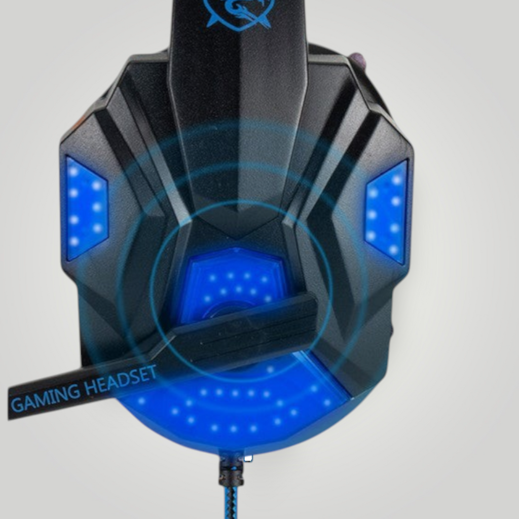 Auriculares gaming Mi tienda con luces LED azules, diseño ergonómico y micrófono integrado para PC y consolas.