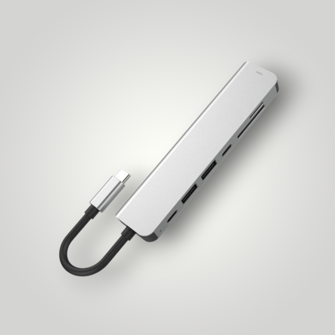 Hub USB tipo C 7 en 1 de Mi tienda en aluminio plateado con múltiples puertos para carga y transferencia de datos