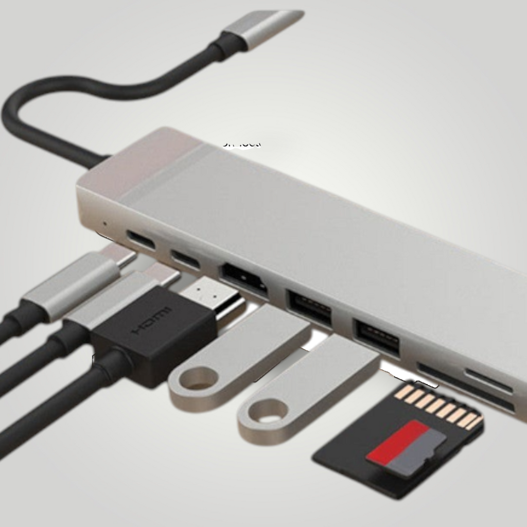 Hub USB-C Mi tienda de aluminio con 8 puertos incluyendo HDMI 4K, RJ45 y lector de tarjetas conectado a laptop