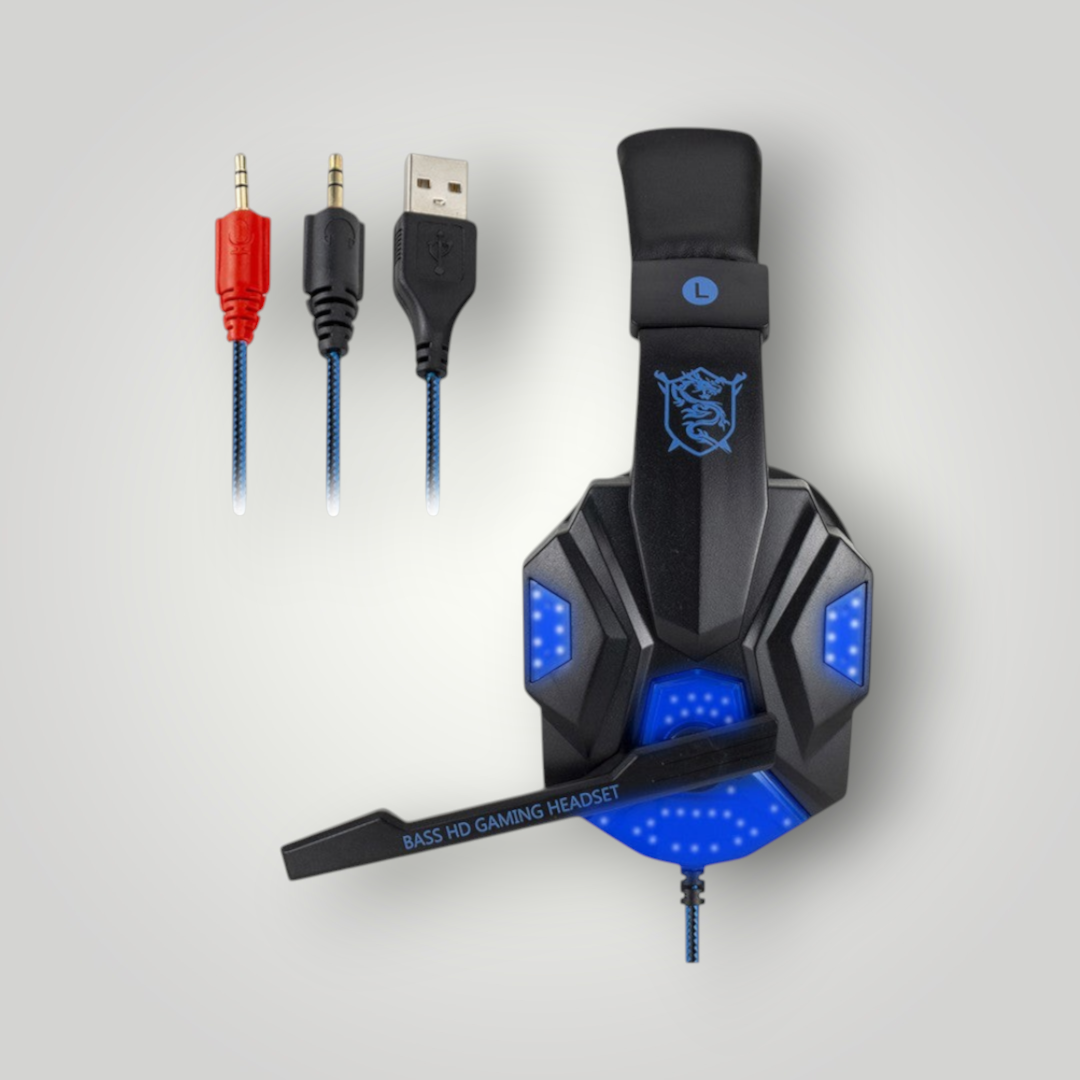 Auriculares gamer Mi tienda con cable, luces LED azules, micrófono y almohadillas de piel sintética para PC y consola