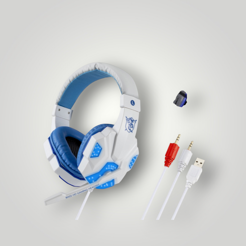Auriculares gamer Mi tienda con luces LED, diseño en blanco y azul, almohadillas de piel sintética y micrófono