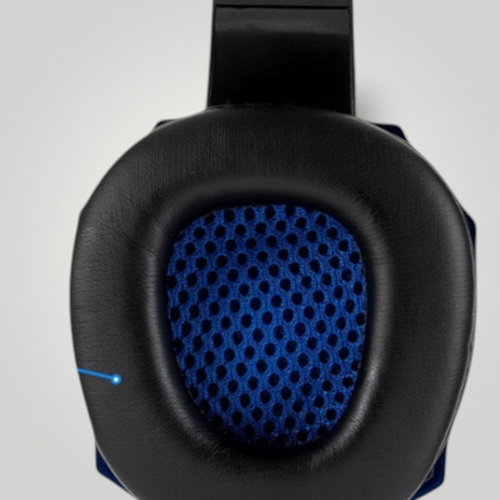 Almohadilla de auricular gamer Mi tienda con acabado en piel sintética negra y malla interior azul transpirable