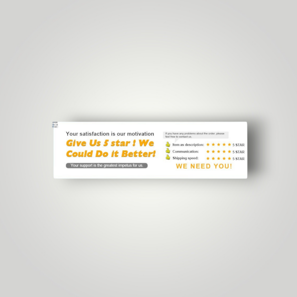 Banner promocional de Mi tienda solicitando valoraciones de 5 estrellas para mejorar la experiencia del cliente