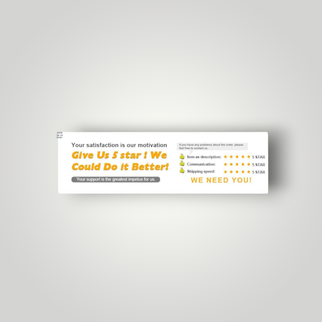 Banner promocional de Mi tienda solicitando valoraciones de 5 estrellas para mejorar la experiencia del cliente