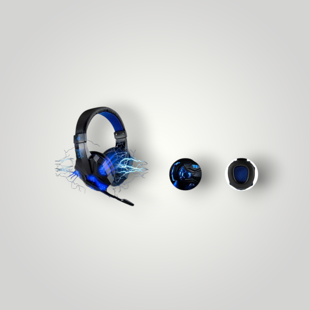 Auriculares gamer Mi tienda con iluminación LED azul, diseño ergonómico, micrófono y almohadillas de piel sintética