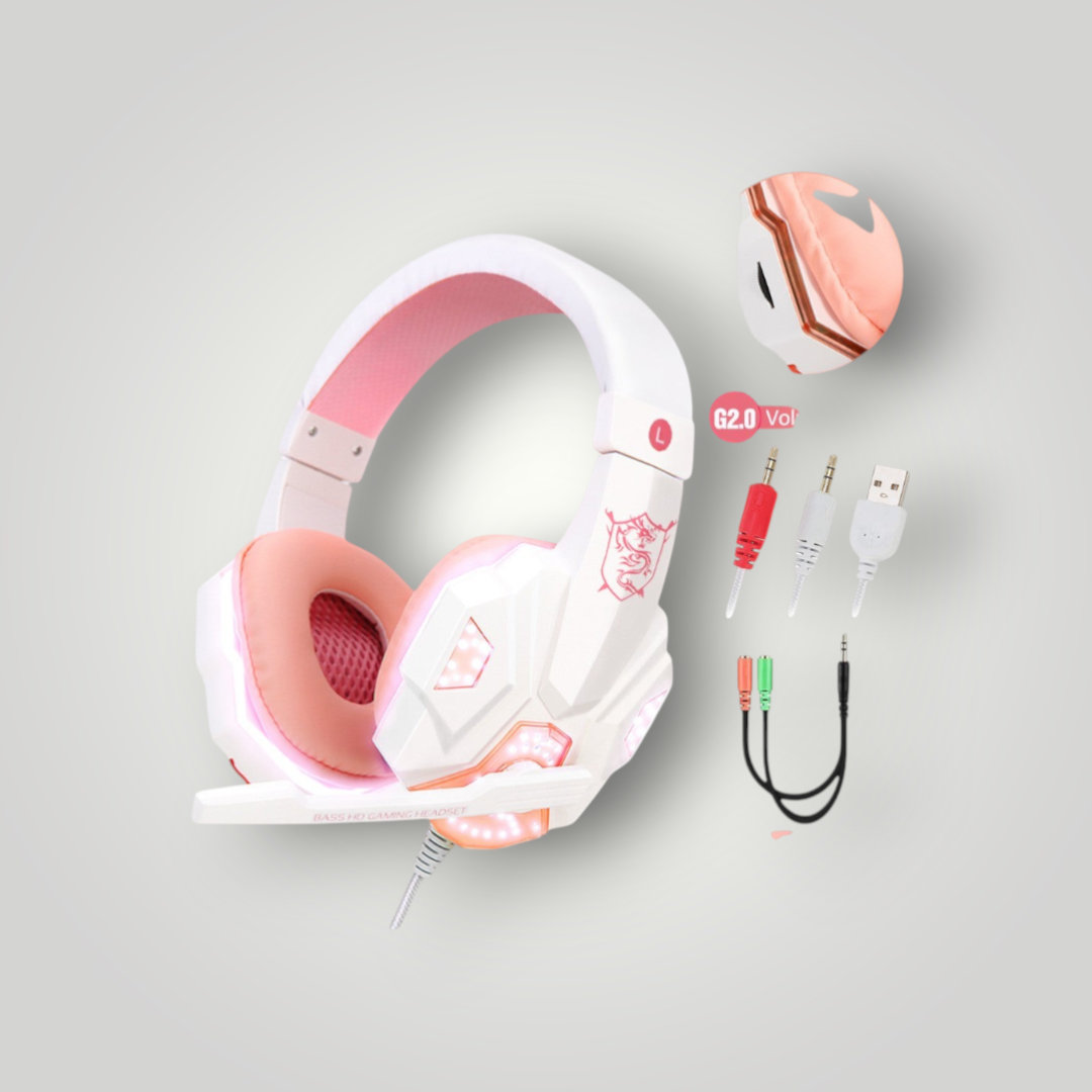 Auriculares gamer Mi tienda con luces LED, diseño ergonómico en blanco y rosa con almohadillas de piel sintética