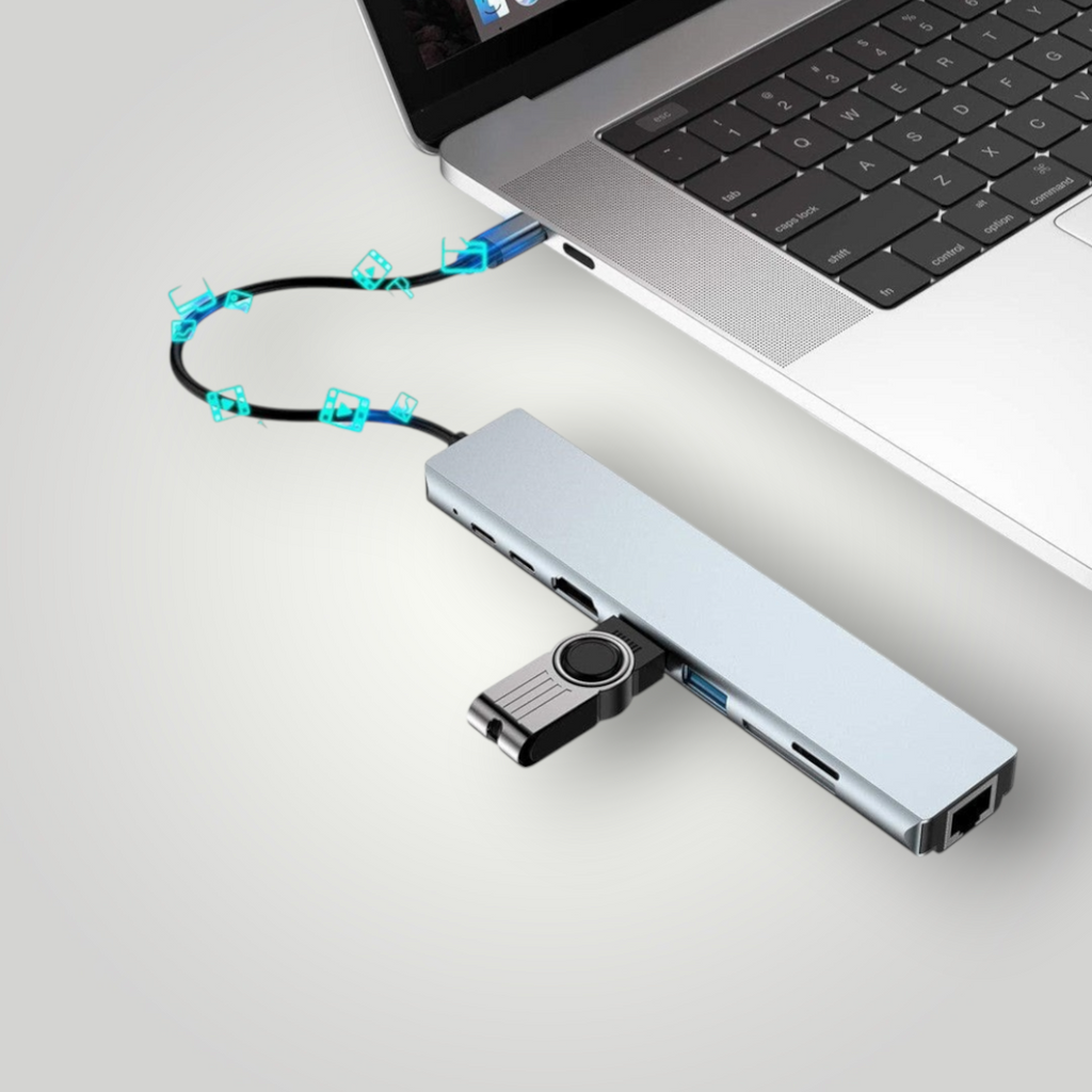 Hub USB tipo C Mi tienda de aluminio con 8 puertos, incluyendo HDMI 4K, RJ45 y lector de tarjetas para portátiles.