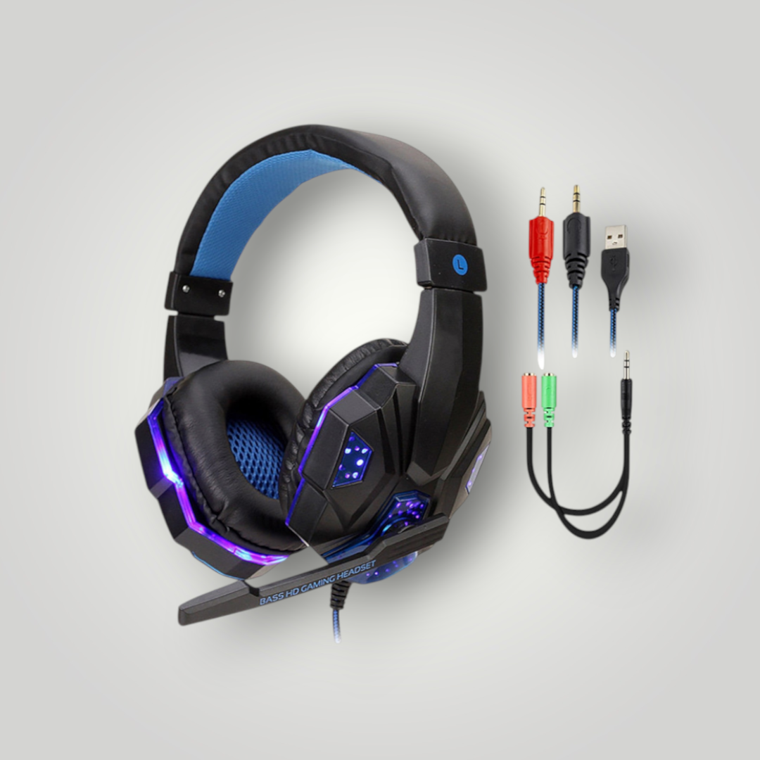 Auriculares gamer Mi tienda con luces LED, diseño ergonómico en negro y azul, micrófono y adaptadores incluidos