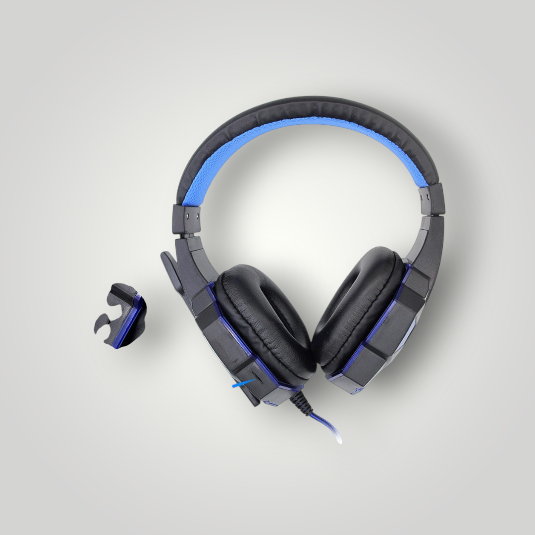 Auriculares gamer Mi tienda con cable, luces LED, almohadillas de piel sintética y diseño ergonómico en color azul.