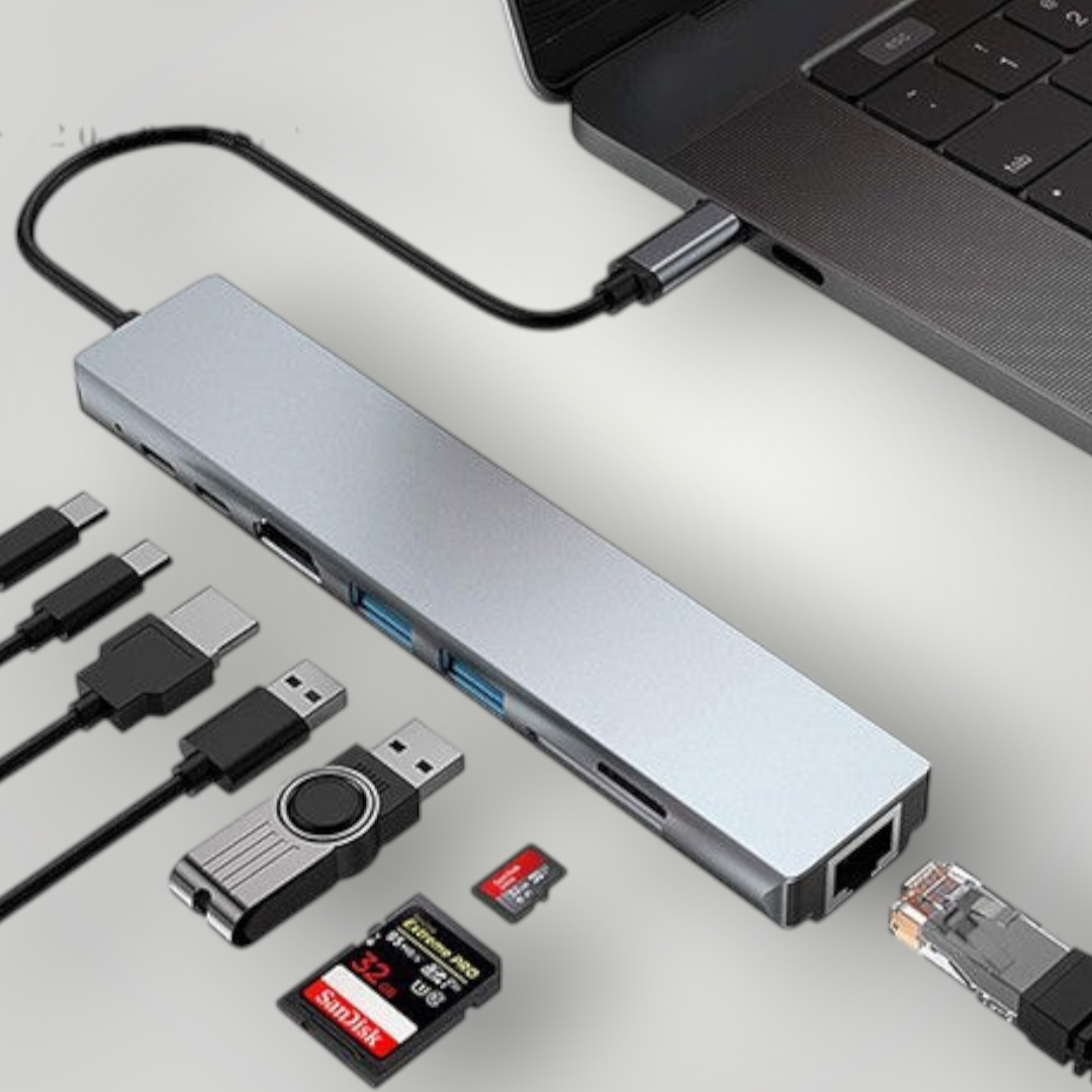 Hub USB tipo C Mi tienda de 8 en 1 en aluminio gris conectado a una laptop con puertos HDMI, RJ45 y lectores SD