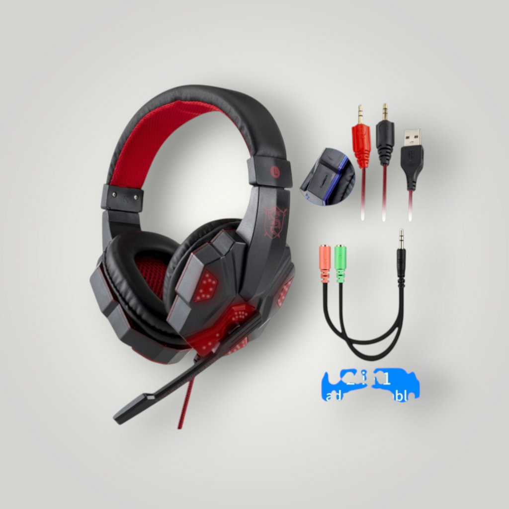 Auriculares gamer Mi tienda con luces LED, micrófono retráctil, almohadillas de piel sintética y adaptador 2 en 1