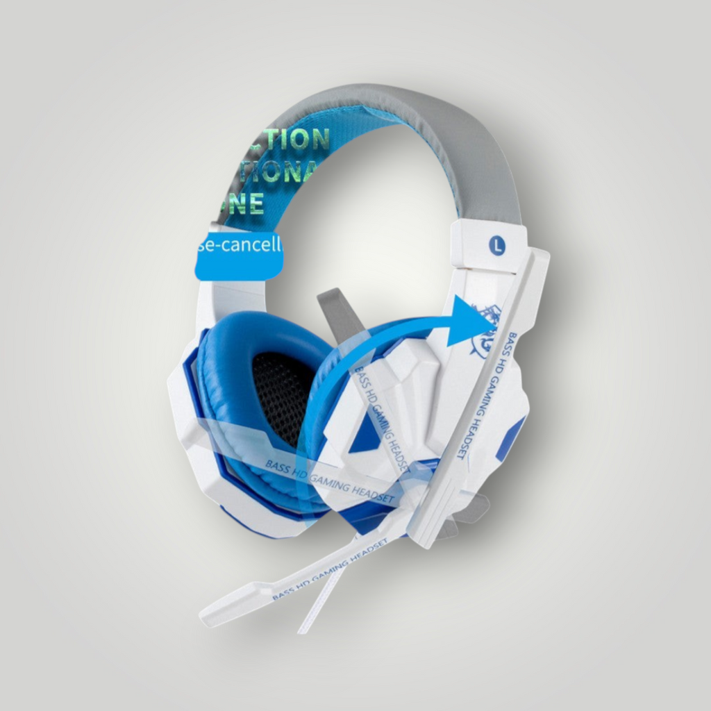 Auriculares gamer Mi tienda con diseño ergonómico en blanco y azul, almohadillas de cuero sintético y micrófono