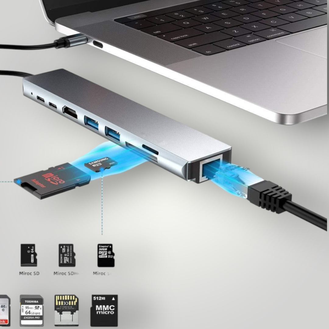 Hub USB tipo C de aluminio Mi tienda con 8 puertos, HDMI 4K, lector SD y carga PD de 87W conectado a una laptop.