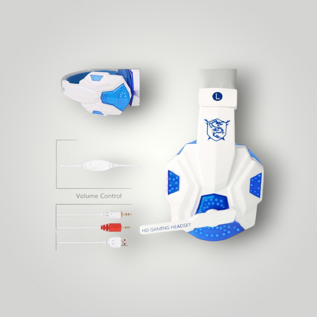 Auriculares gamer Mi tienda con luz LED, diseño ergonómico en blanco y azul, micrófono y control de volumen integrado.