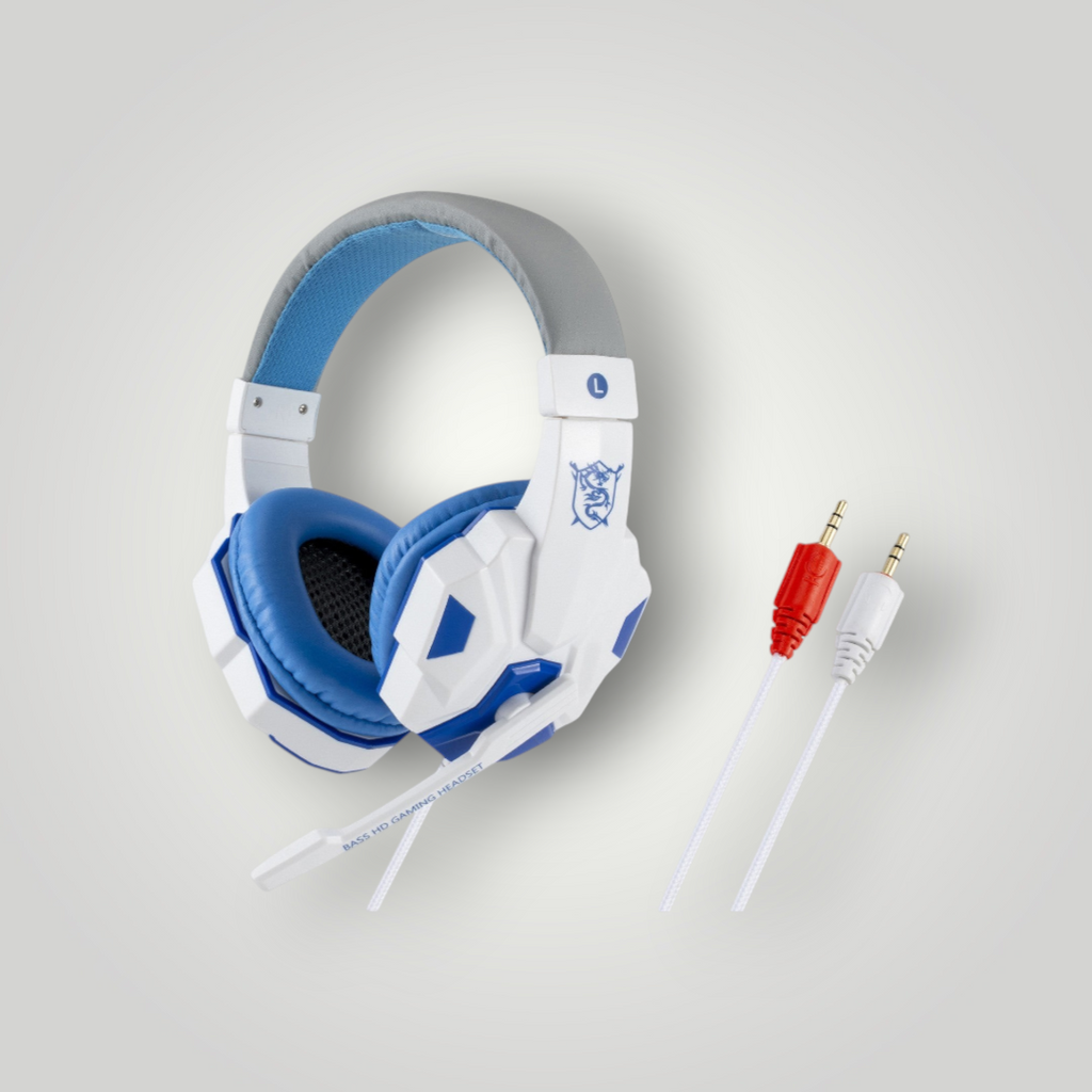 Auriculares gamer Mi tienda con iluminación LED, diseño ergonómico en color blanco y azul con micrófono integrado.