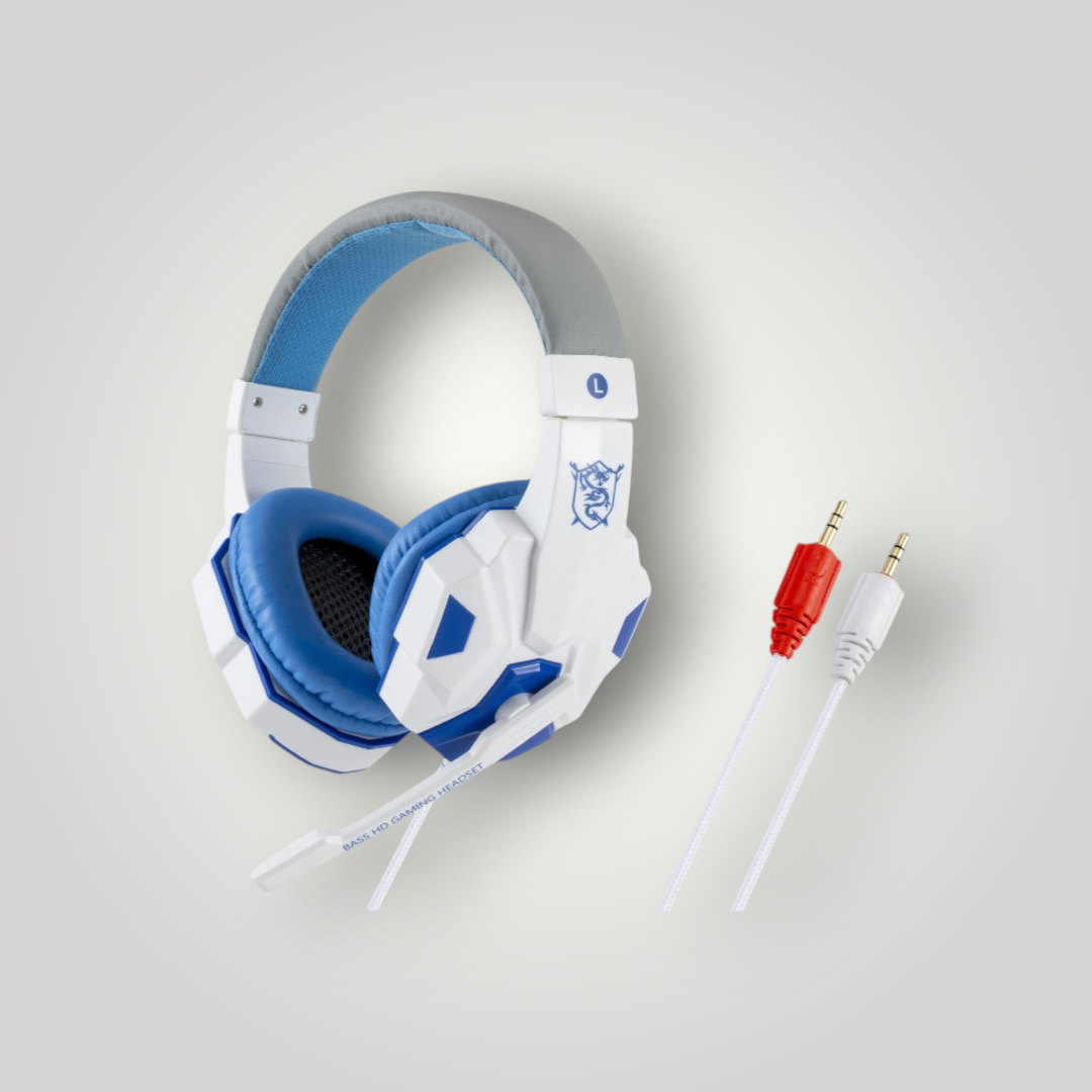 Auriculares gamer Mi tienda con iluminación LED, diseño ergonómico en color blanco y azul con micrófono integrado.