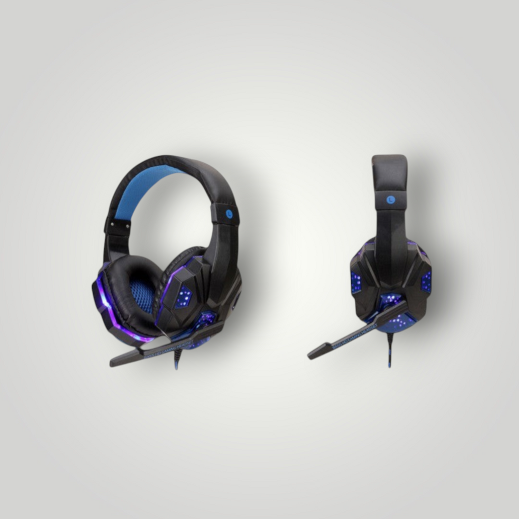 Auriculares gamer Mi tienda con luces LED, micrófono y almohadillas de piel sintética en color negro y azul