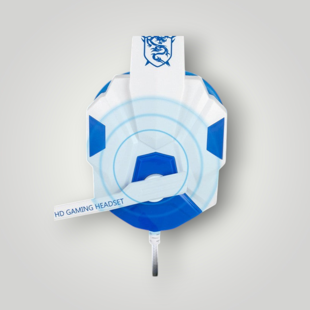 Auriculares gamer Mi tienda con diseño en blanco y azul, luces LED y micrófono integrado para PC y consolas