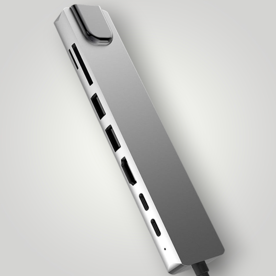 Hub USB tipo C 8 en 1 de Mi tienda fabricado en aleación de aluminio gris con puertos HDMI, RJ45 y carga rápida PD.