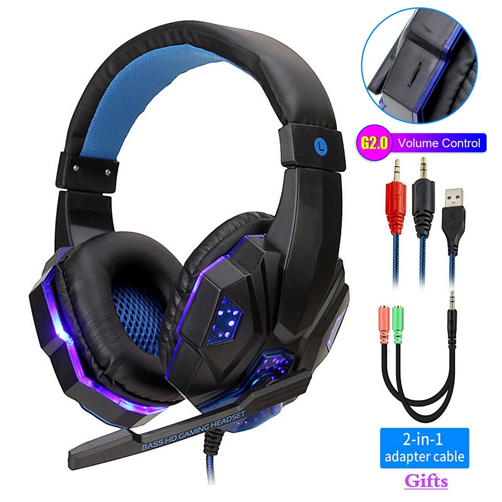 Auriculares gamer Mi tienda con luces LED, diseño ergonómico en negro y azul, micrófono y almohadillas de piel