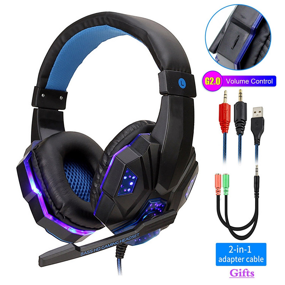 Auriculares gamer Mi tienda con luces LED, diseño ergonómico en negro y azul, micrófono y almohadillas de piel