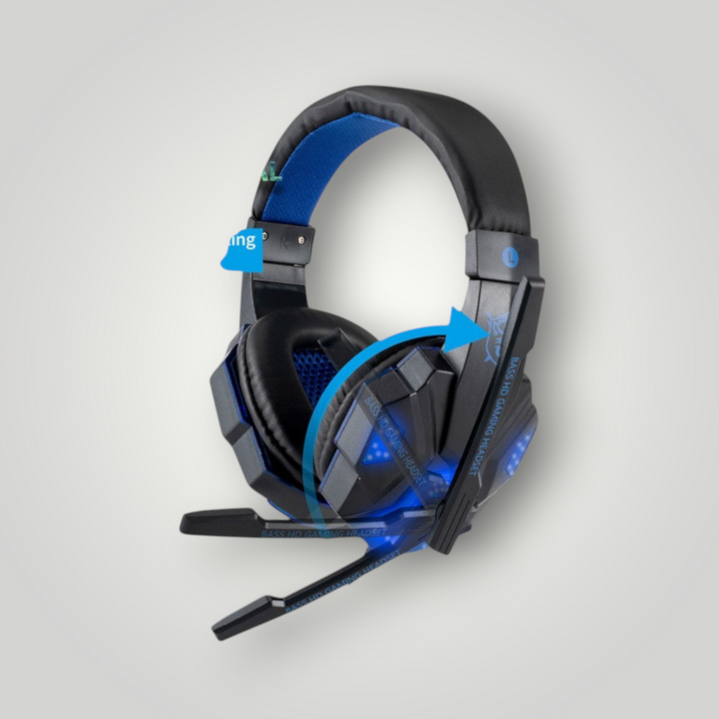 Auriculares gamer Mi tienda con luces LED, diseño ergonómico en negro y azul, micrófono y almohadillas de cuero