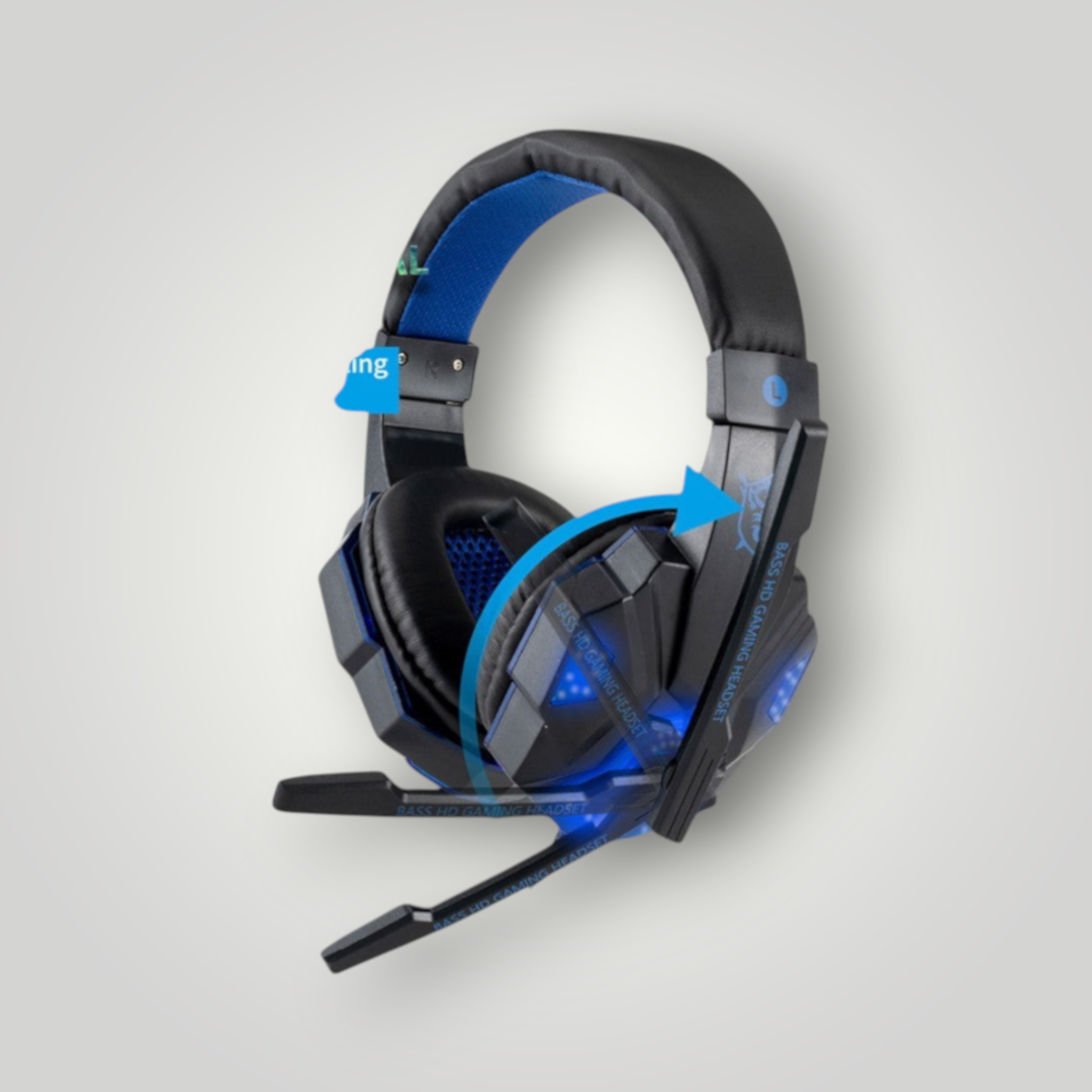 Auriculares gamer Mi tienda con luces LED, diseño ergonómico en negro y azul, micrófono y almohadillas de cuero
