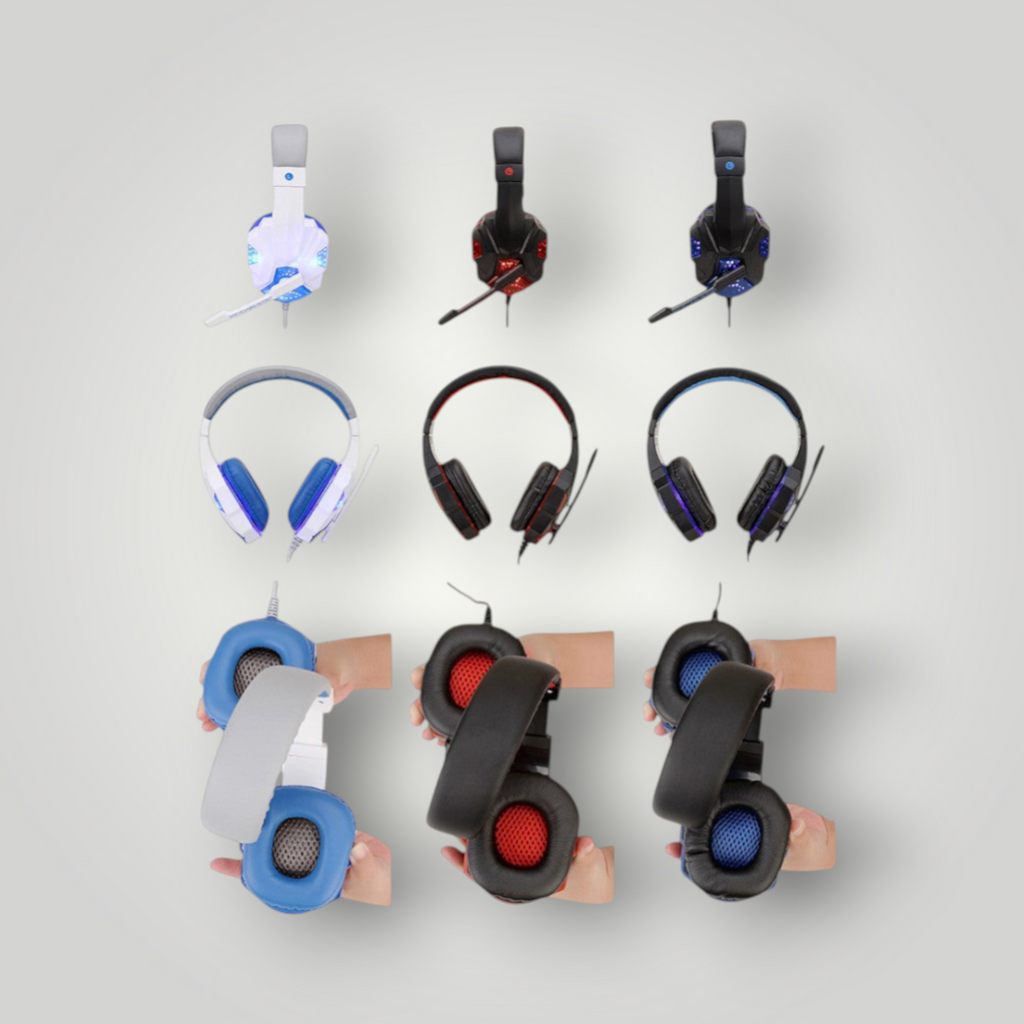 Auriculares gamer Mi tienda con luces LED, micrófono y almohadillas de piel sintética en colores blanco, rojo y azul