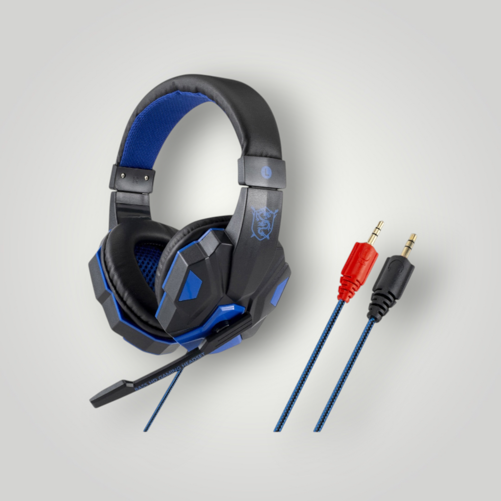 Auriculares gaming Mi tienda con cable, diseño ergonómico en negro y azul, micrófono y conectores de 3.5mm