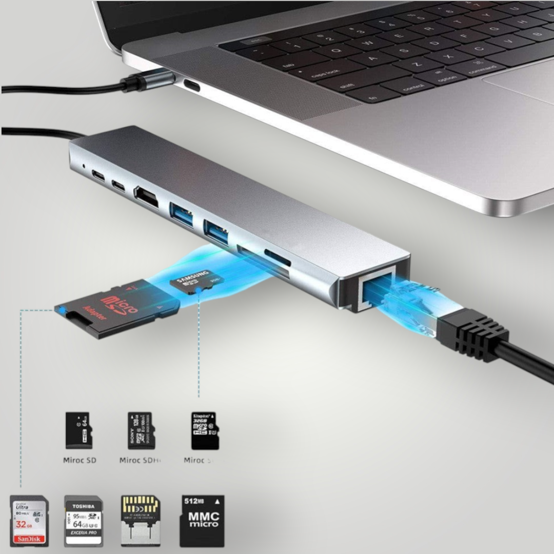 Hub USB tipo C Mi tienda de aluminio con 8 puertos, HDMI 4K, lector SD y carga PD 87W conectado a un portátil.