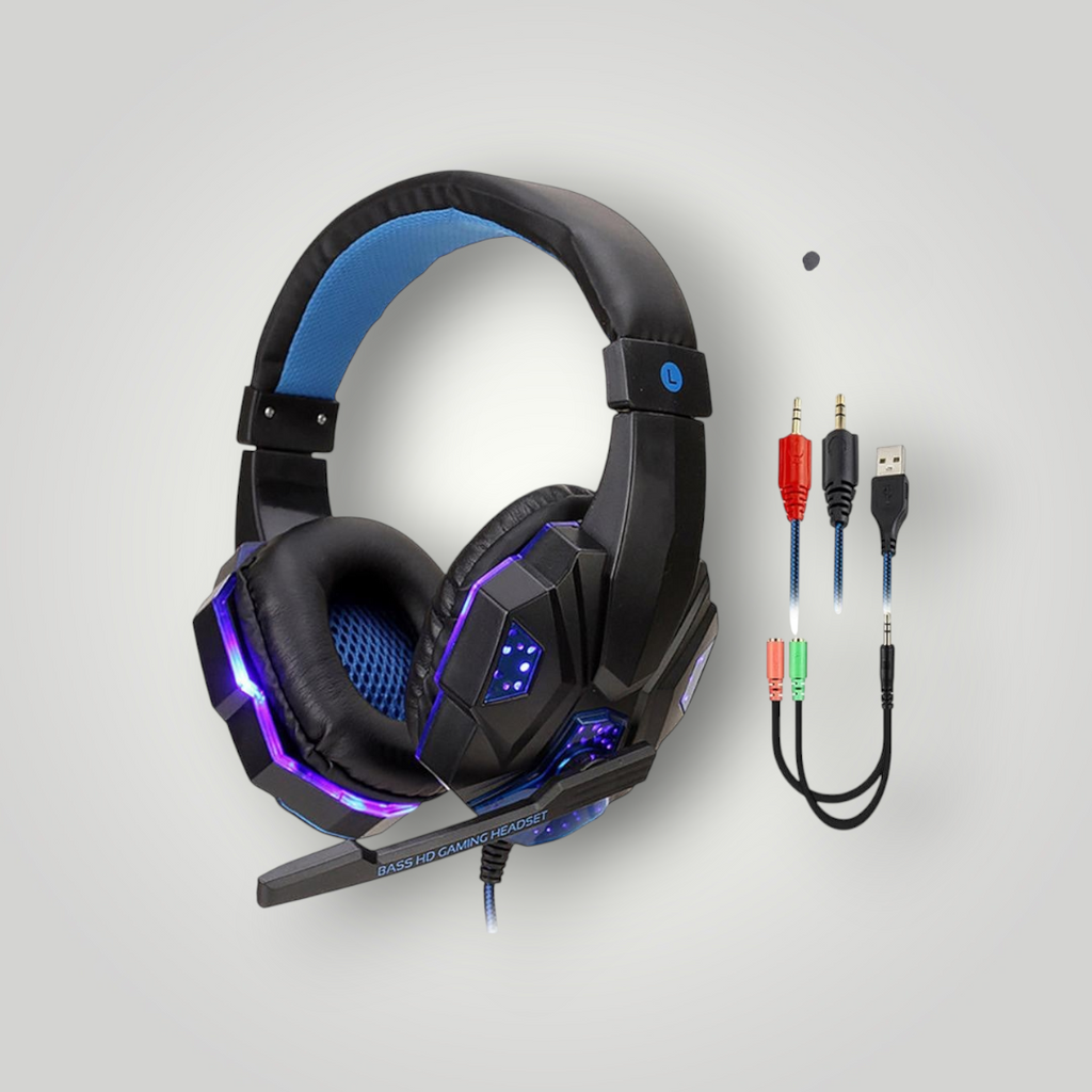 Auriculares gamer Mi tienda con luces LED, diseño ergonómico en negro y azul, micrófono y adaptador de 3.5mm