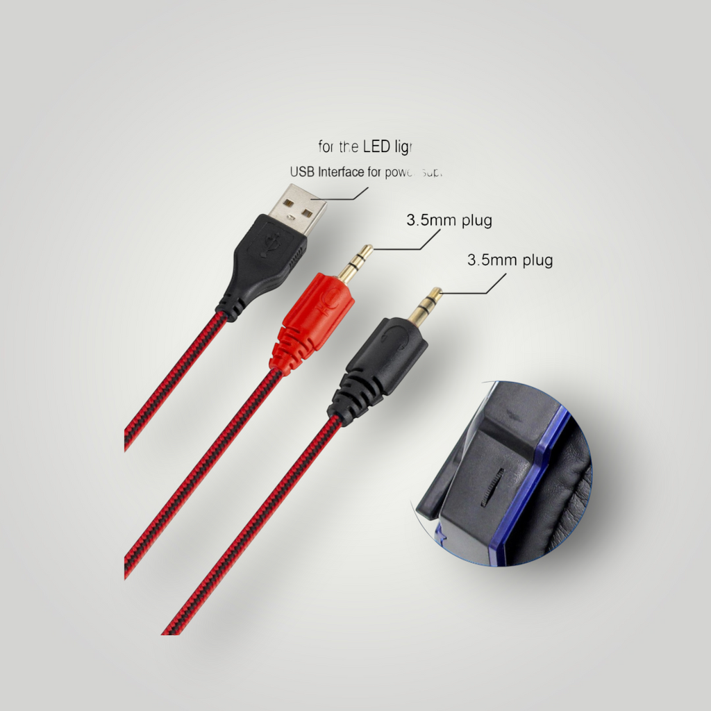 Conectores de audífonos gamer Mi tienda con cable USB para luces LED y dos jacks de 3.5mm para audio y micrófono