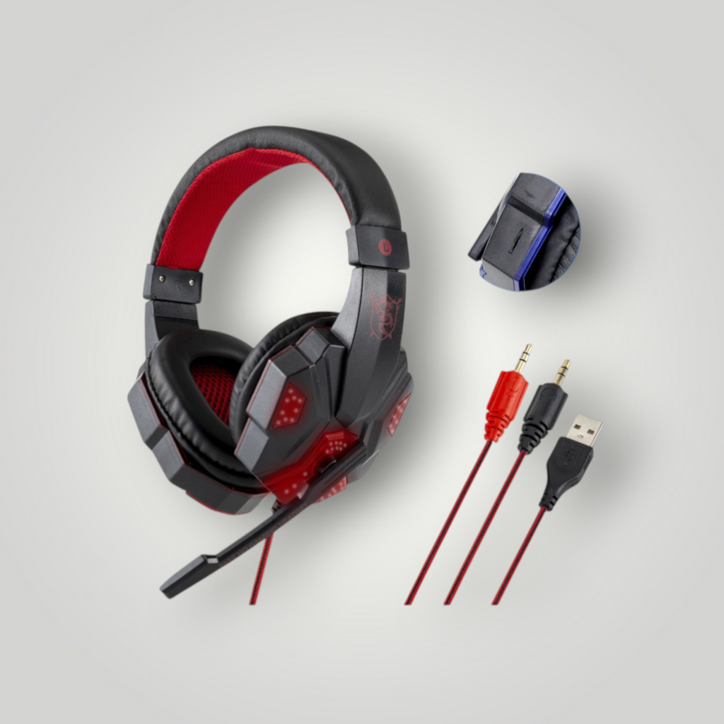 Auriculares gamer Mi tienda con luces LED rojas, diseño ergonómico de cuero sintético y micrófono integrado.