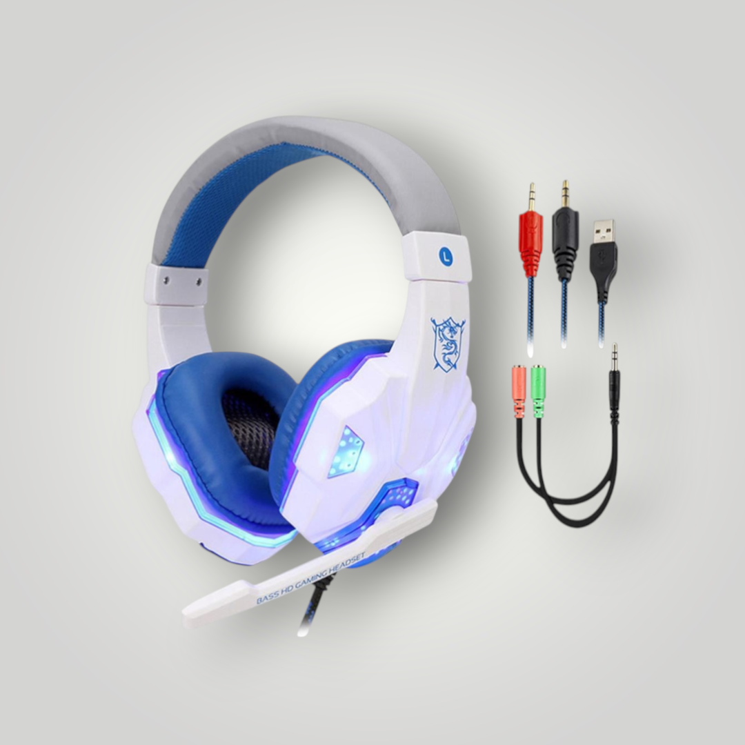 Auriculares gamer Mi tienda con iluminación LED, diseño ergonómico en blanco y azul, micrófono y adaptador de cable.