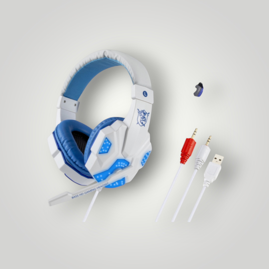Auriculares gamer Mi tienda blancos y azules con micrófono, luces LED y cables de conexión para PC y consolas
