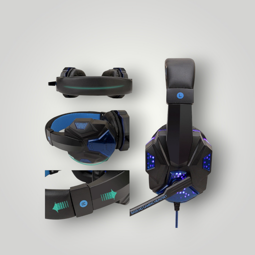 Auriculares gamer Mi tienda con luces LED, diseño ergonómico en negro y azul, micrófono y almohadillas de cuero